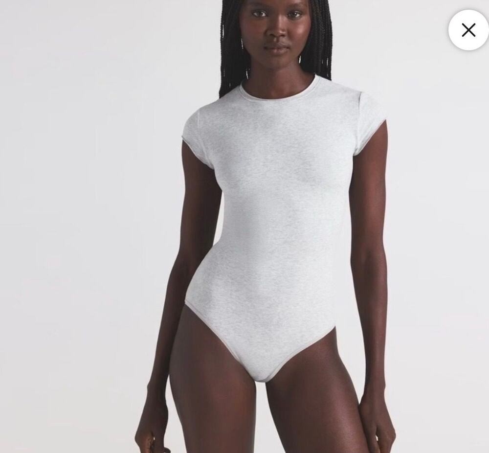 Skims $68 Stretch Cotton Jersey T-shirt Bodysuit In Light Heather Grey small